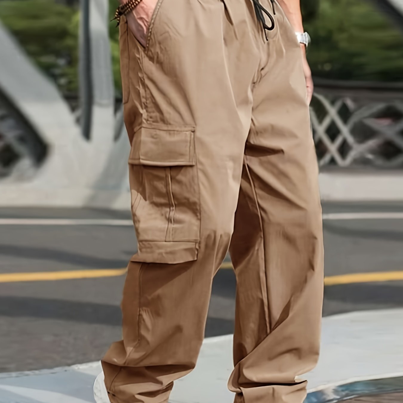 gbolsos  Trendy Solid Cargo Pants, Men's Multi Flap Pocket Trousers, Loose Casual Outdoor Baggy Pants, Men's Work Pants Outdoors Streetwear Hip Hop Style