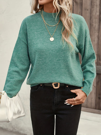 gbolsos  Solid Mock Neck Pullover Sweater, Casual Long Sleeve Sweater, Women's Clothing