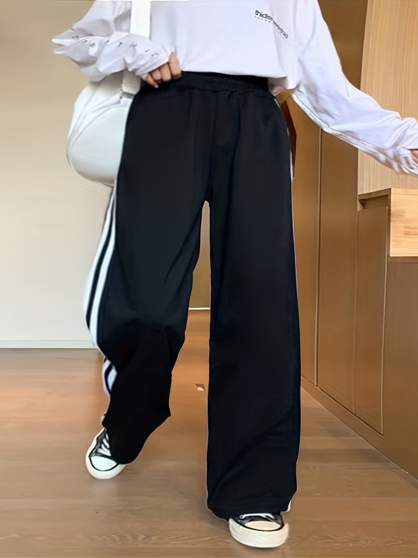 gbolsos Plus Size Casual Pants, Women's Plus Stripe Print Elastic High Rise Wide Leg Slight Stretch Loose Pants