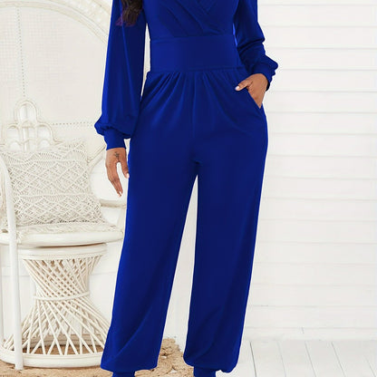gbolsos  Solid V-neck Lantern Jumpsuit, Elegant Long Sleeve Jumpsuit For Spring & Fall, Women's Clothing