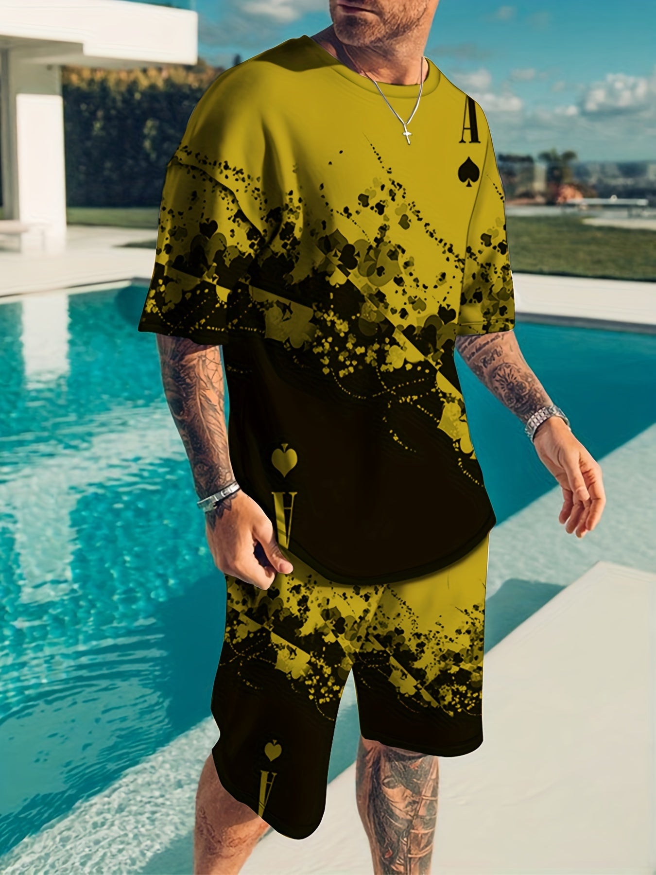 gbolsos   Creative Poker Suits Pattern Print, Men's 2Pcs Outfits, Casual Crew Neck Short Sleeve T-shirt And Drawstring Shorts Set For Summer, Men's Clothing Loungewear Streetwear