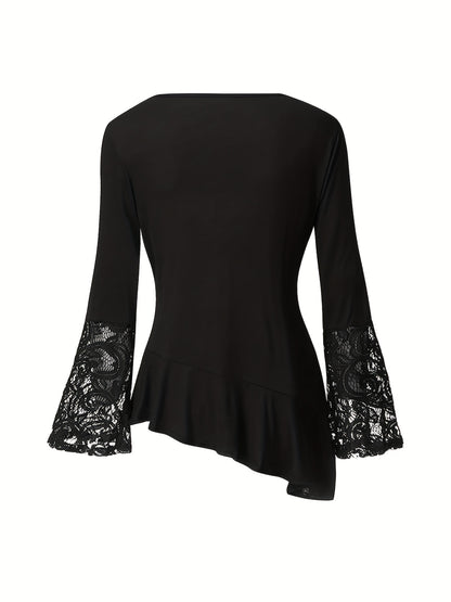 gbolsos  Solid Contrast Lace Crew Neck Asymmetrical Hem T-shirt, Elegant Long Flare Sleeve T-shirt, Women's Clothing