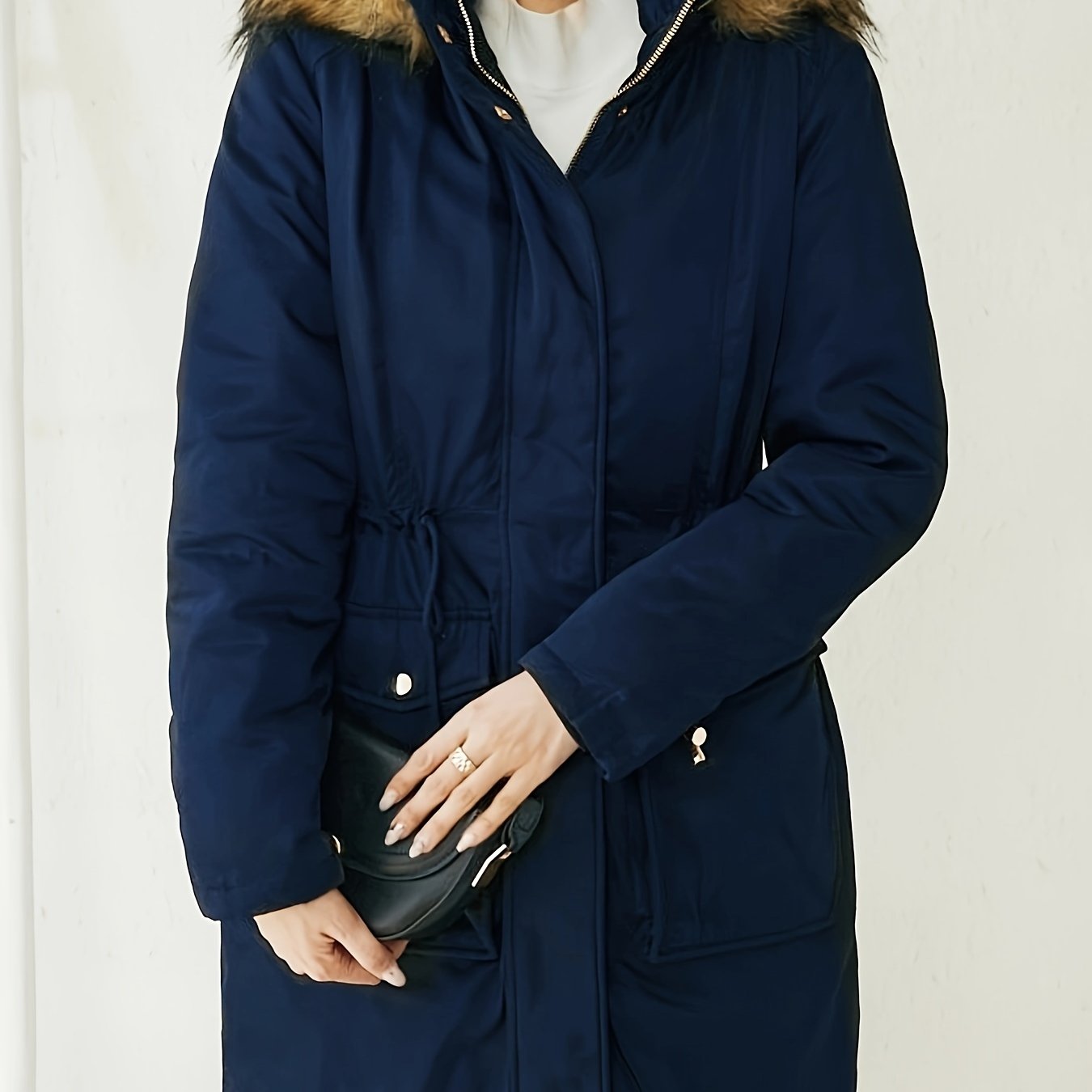 gbolsos Faux Fur Trim Hooded Coat, Casual Zip & Button Front Long Sleeve Winter Warm Outerwear, Women's Clothing