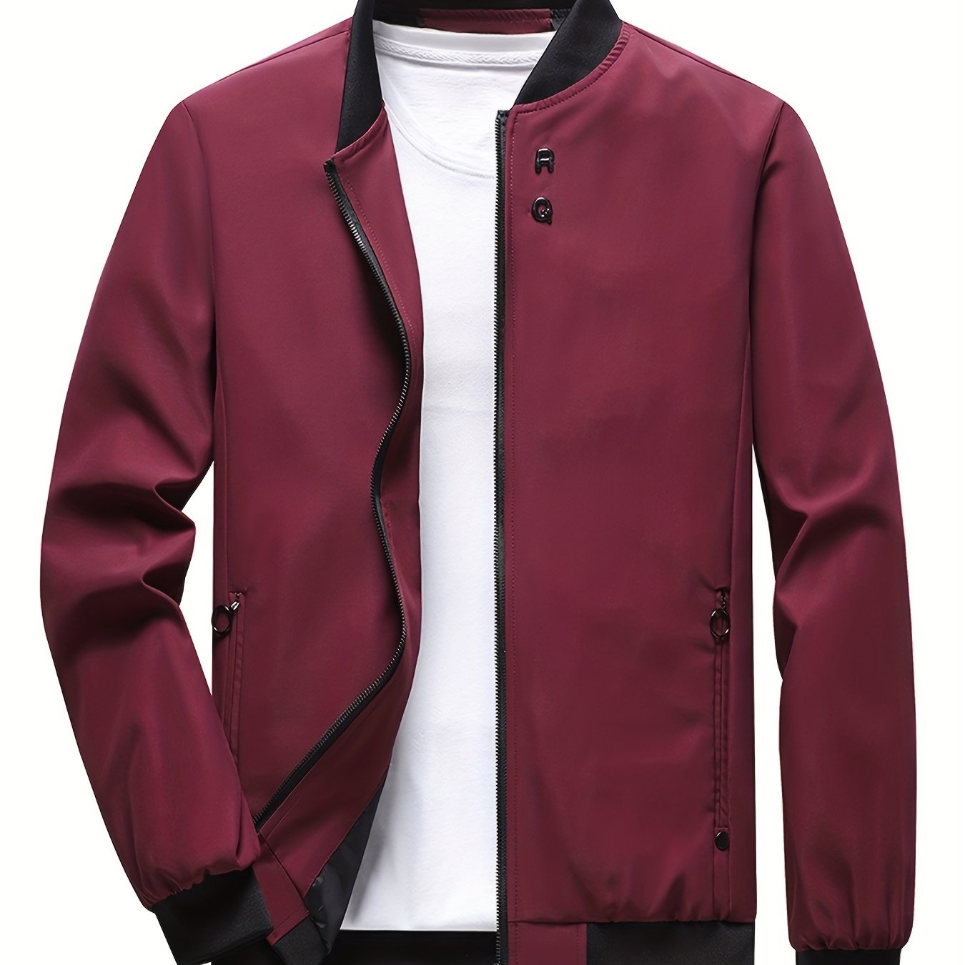 gbolsos  Classic Design Jacket, Men's Casual Zipper Pockets Crew Neck Zip Up Jacket For Spring Fall