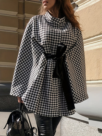 gbolsos  Houndstooth Print Cape Top, Casual Tie Front Loose Outerwear, Women's Clothing
