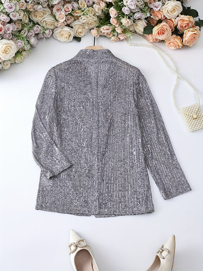 gbolsos  Glitter Sequin Decor Open Front Blazer, Casual Lapel Long Sleeve Blazer, Women's Clothing