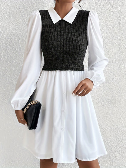Button Front Stitching Knit Dress, Elegant Long Sleeve Collared Dress, Women's Clothing
