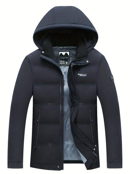 gbolsos  Men's Classic Design Padded Hooded Jacket, Men Casual Padded Coat Windbreaker Zipper Pocket Stand Collar For Men Winter