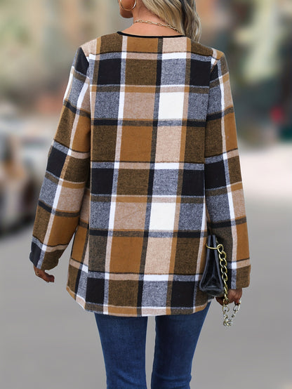 gbolsos  Plaid Print Open Front Coat, Elegant Long Sleeve Outwear For Spring & Fall, Women's Clothing