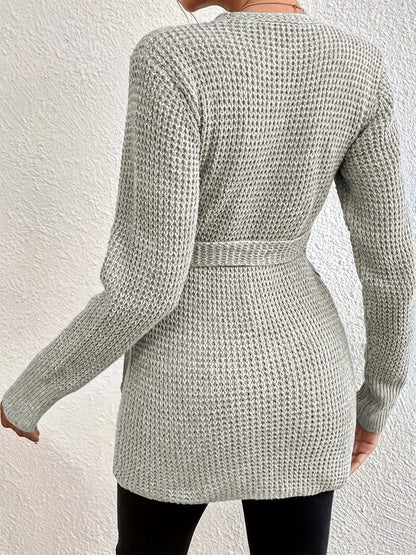 gbolsos  Plus Size Casual Sweater, Women's Plus Solid Long Sleeve Surplice Neck Knot Wrap Jumper