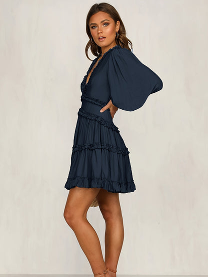 gbolsos  Deep V Neck Ruffle Dress, Cut Out Long Sleeve Casual Dress For Spring & Fall, Women's Clothing