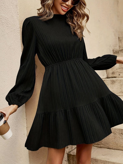 Solid Color Lantern Sleeve Dress, Casual Crew Neck Cinched Waist Dress For Spring & Fall, Women's Clothing