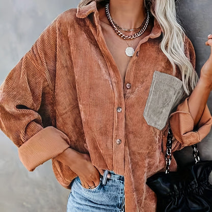 gbolsos  Button Front Solid Shirt, Vintage Long Sleeve Collar Shirt, Women's Clothing