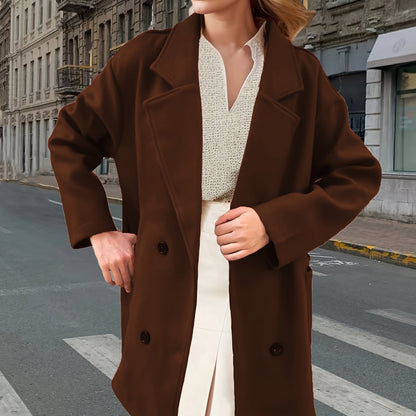 Solid Dual Breasted Notch Collar Overcoat, Casual Long Sleeve Coat For Fall & Winter, Women's Clothing