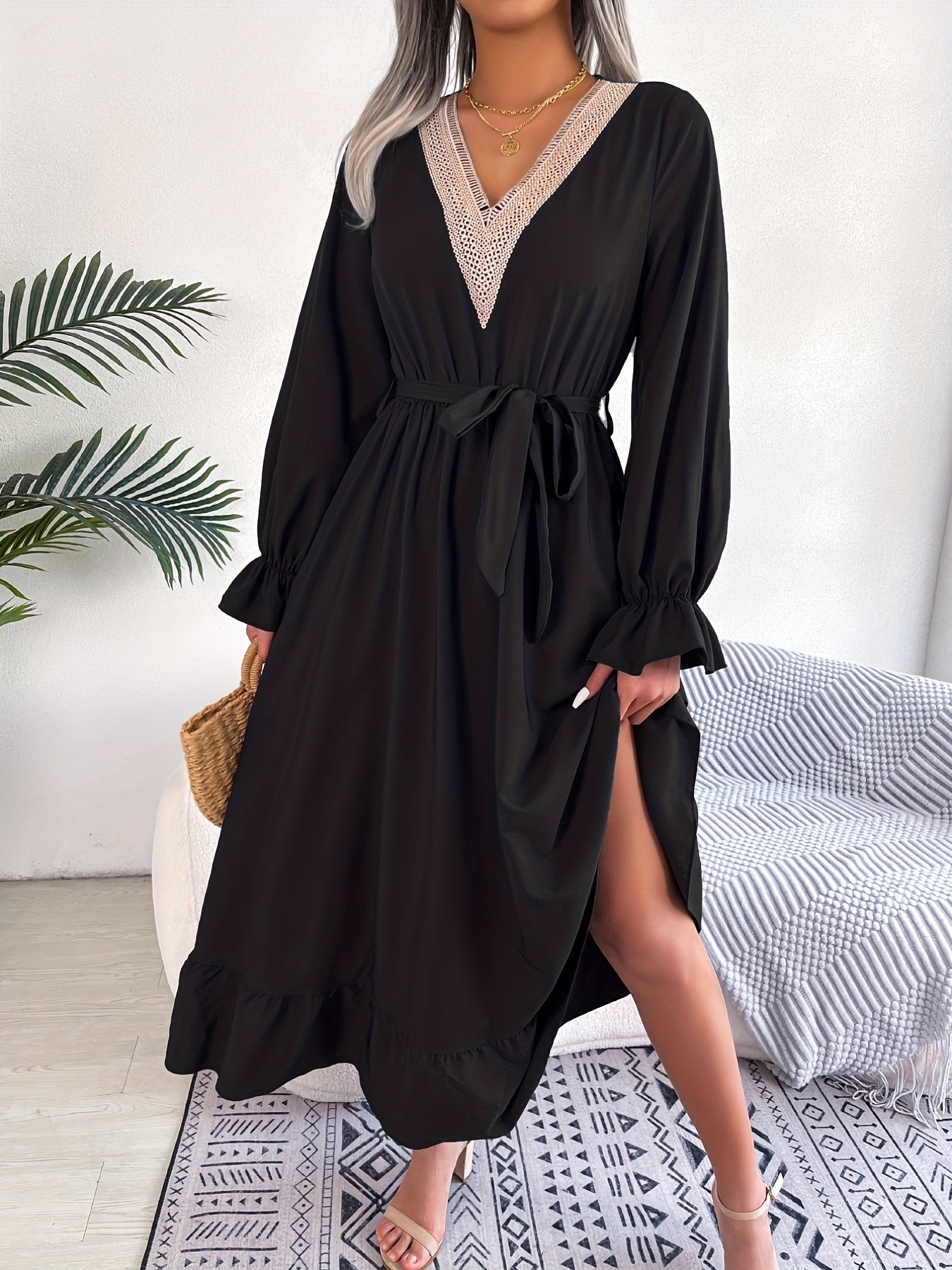 2025 gbolsos  Long Sleeve Tie Waist Dress, Lace Trim Ruffle Hem V Neck Dress, Casual Dress For Fall & Spring, Women's Clothing