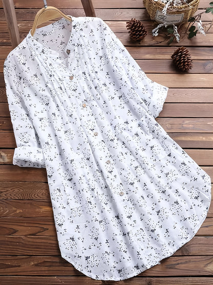 gbolsos  Ditsy Floral Print Button Front Dress, Casual Long Sleeve V Neck Midi Dress With Pocket, Women's Clothing