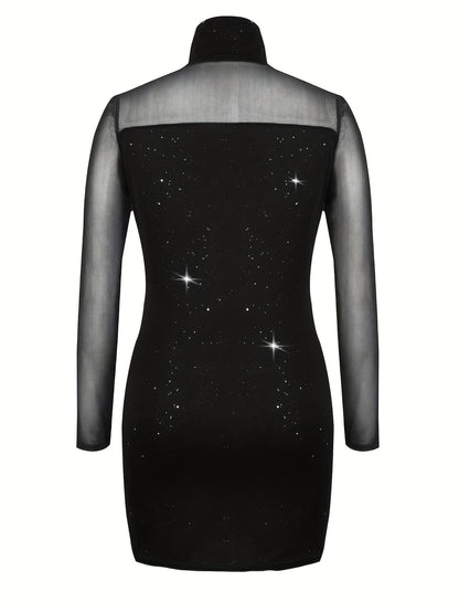 gbolsos  Sheer Splicing Dress, Sexy Solid High Collar Long Sleeve Bodycon Evening Dress, Women's Clothing