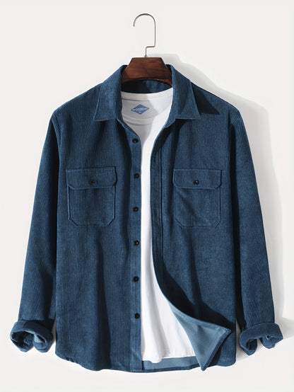 gbolsos  Men's Retro Corduroy Shirt Top Turn-Down Collar Long Sleeve Closure Regular Fit Solid Male Casual Shirt For Daily