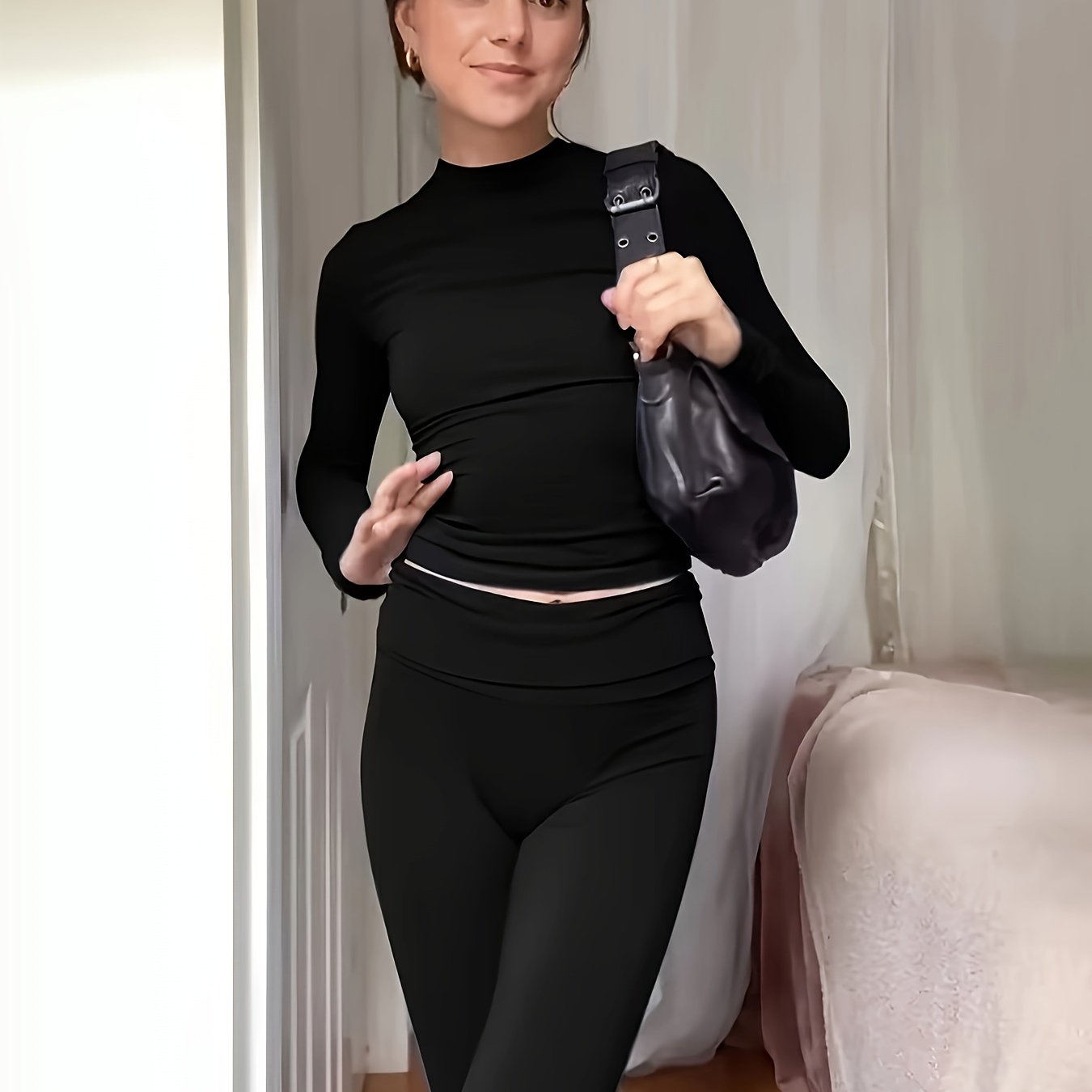 gbolsos  Solid Color Two-piece Set, Crew Neck Long Sleeve Top & Pants Outfits, Women's Clothing