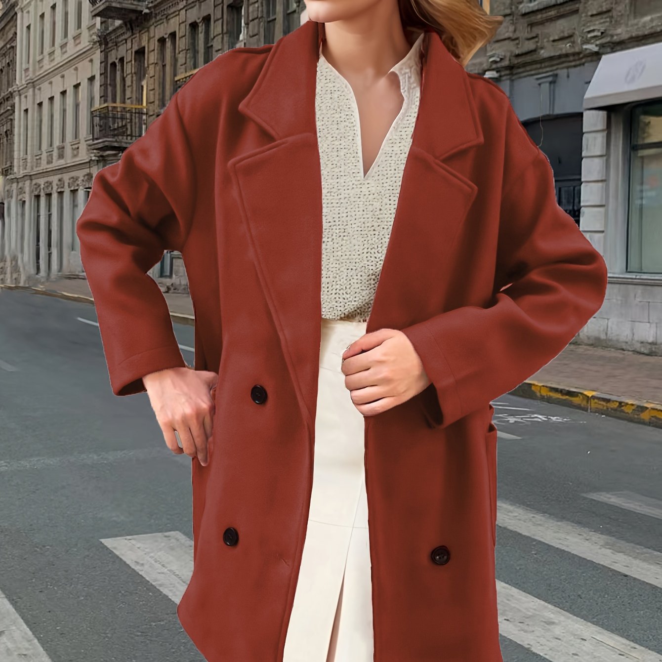 Solid Dual Breasted Notch Collar Overcoat, Casual Long Sleeve Coat For Fall & Winter, Women's Clothing