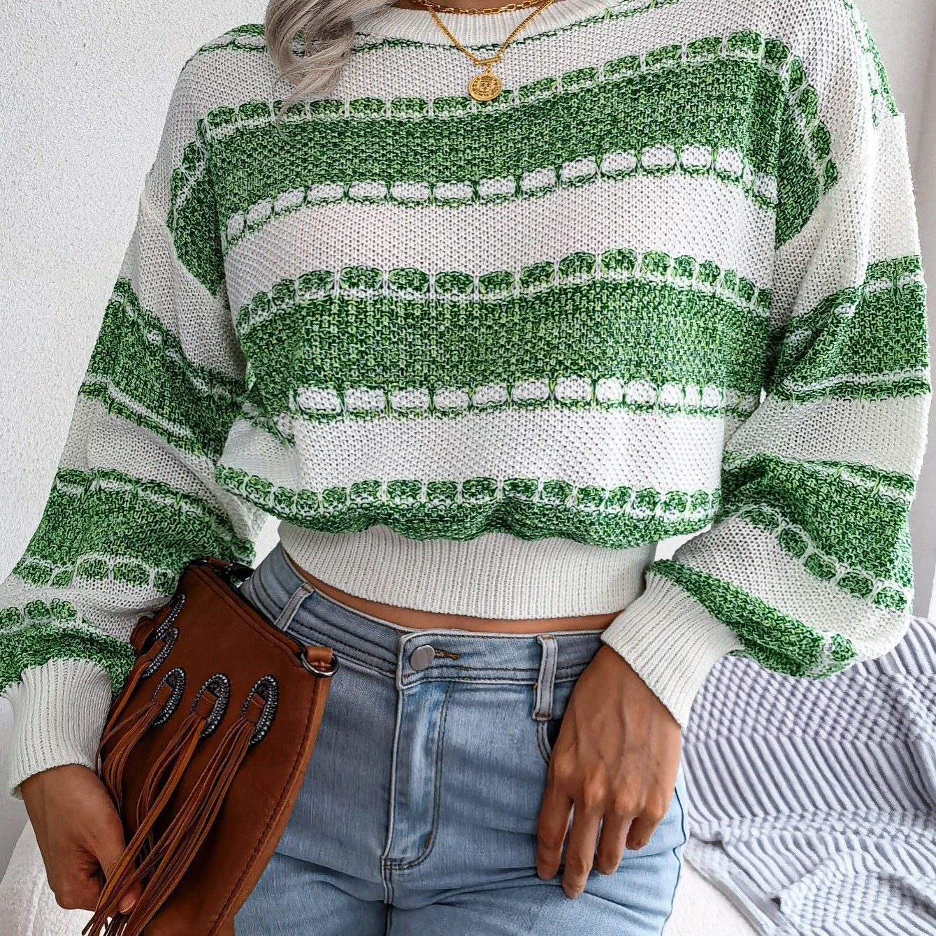 2025 gbolsos  Women's Sweaters Lantern Sleeve Striped Crew Neck Color Block Pullovers