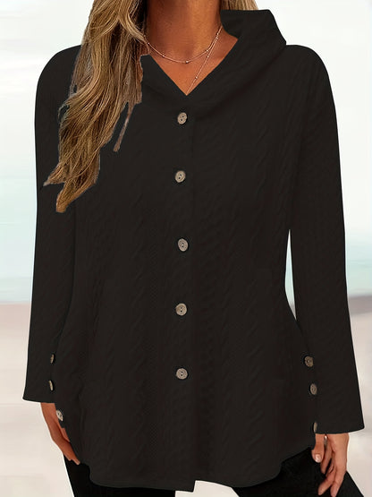 Solid Button Up Cable Hoodie, Casual Long Sleeve Hoodies Sweatshirt, Women's Clothing
