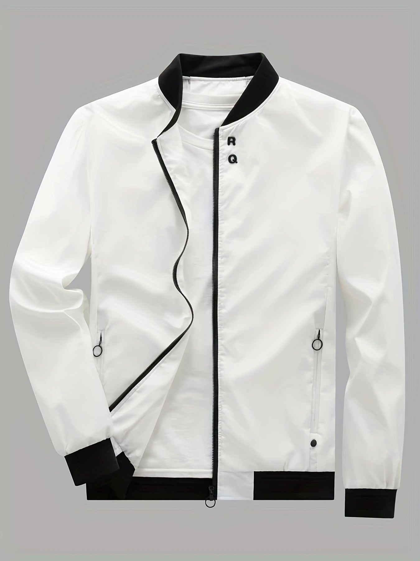 gbolsos  Classic Design Jacket, Men's Casual Zipper Pockets Crew Neck Zip Up Jacket For Spring Fall
