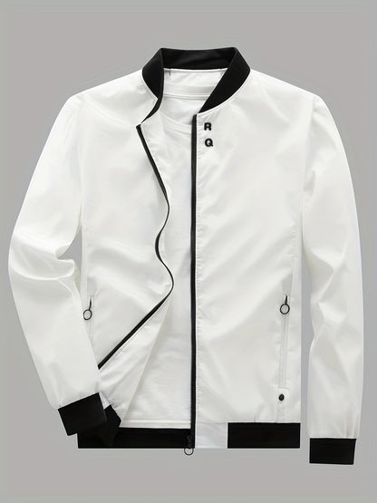 gbolsos  Classic Design Jacket, Men's Casual Zipper Pockets Crew Neck Zip Up Jacket For Spring Fall