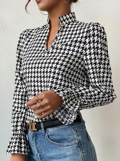gbolsos  Houndstooth Print Notch Neck Blouse, Elegant Ruffle Trim Lantern Sleeve Blouse For Spring & Fall, Women's Clothing