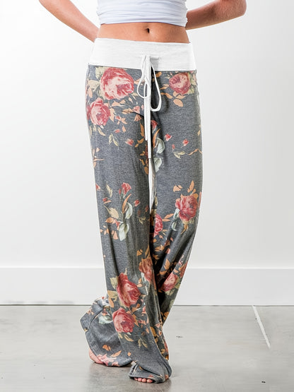 Loose Wide Leg Pants, Casual Yoga Low Waist Solid Floral Print Summer Comfy Pants, Women's Clothing