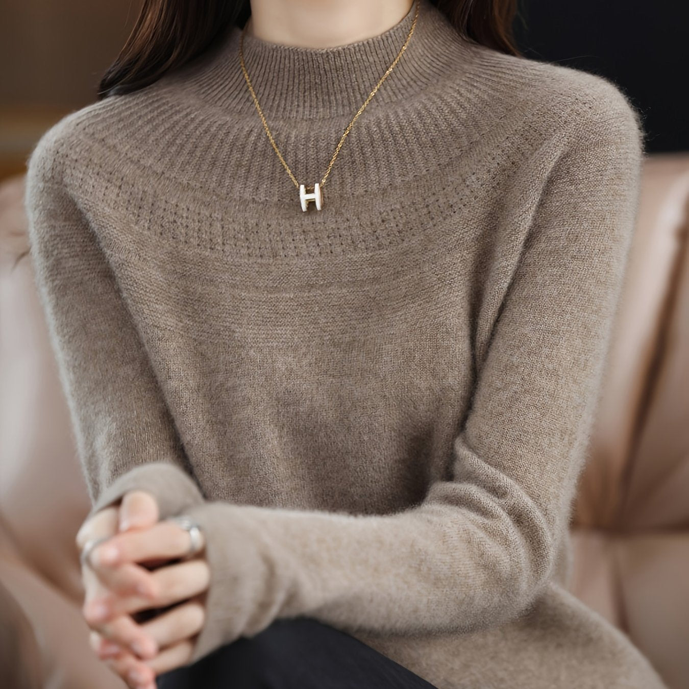 gbolsos  Solid Mock Neck Simple Sweater, Versatile Long Sleeve Knitted Top For Fall & Winter , Women's Clothing