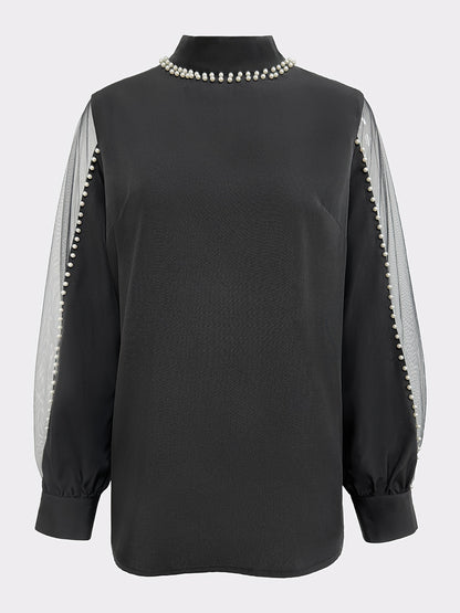 gbolsos  Solid Beaded Mesh Splicing Blouse, Elegant Mock Neck Blouse For Spring & Fall, Women's Clothing