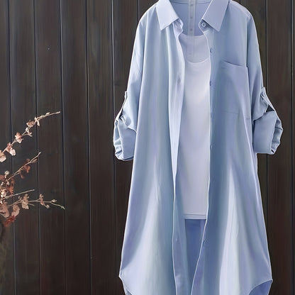 gbolsos  Solid Button Down Shirt, Casual Lapel Long Sleeve Curved Hem Shirt, Women's Clothing