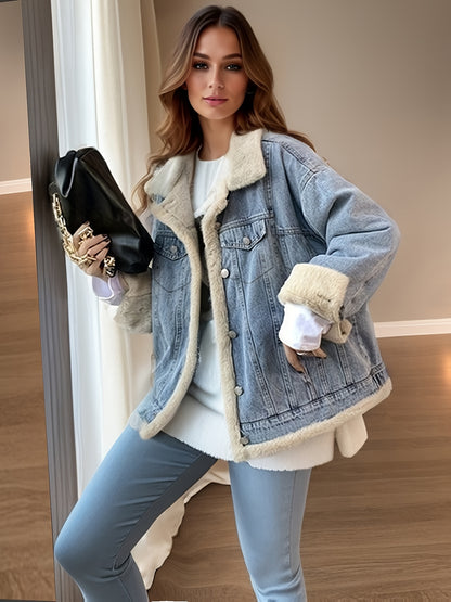 gbolsos  Fleece Lined Long Sleeve Lapel Reversible Wear Way Denim Coat, Flap Pocket Loose Fit Winter Denim Jackets, Women's Denim Jeans & Clothing