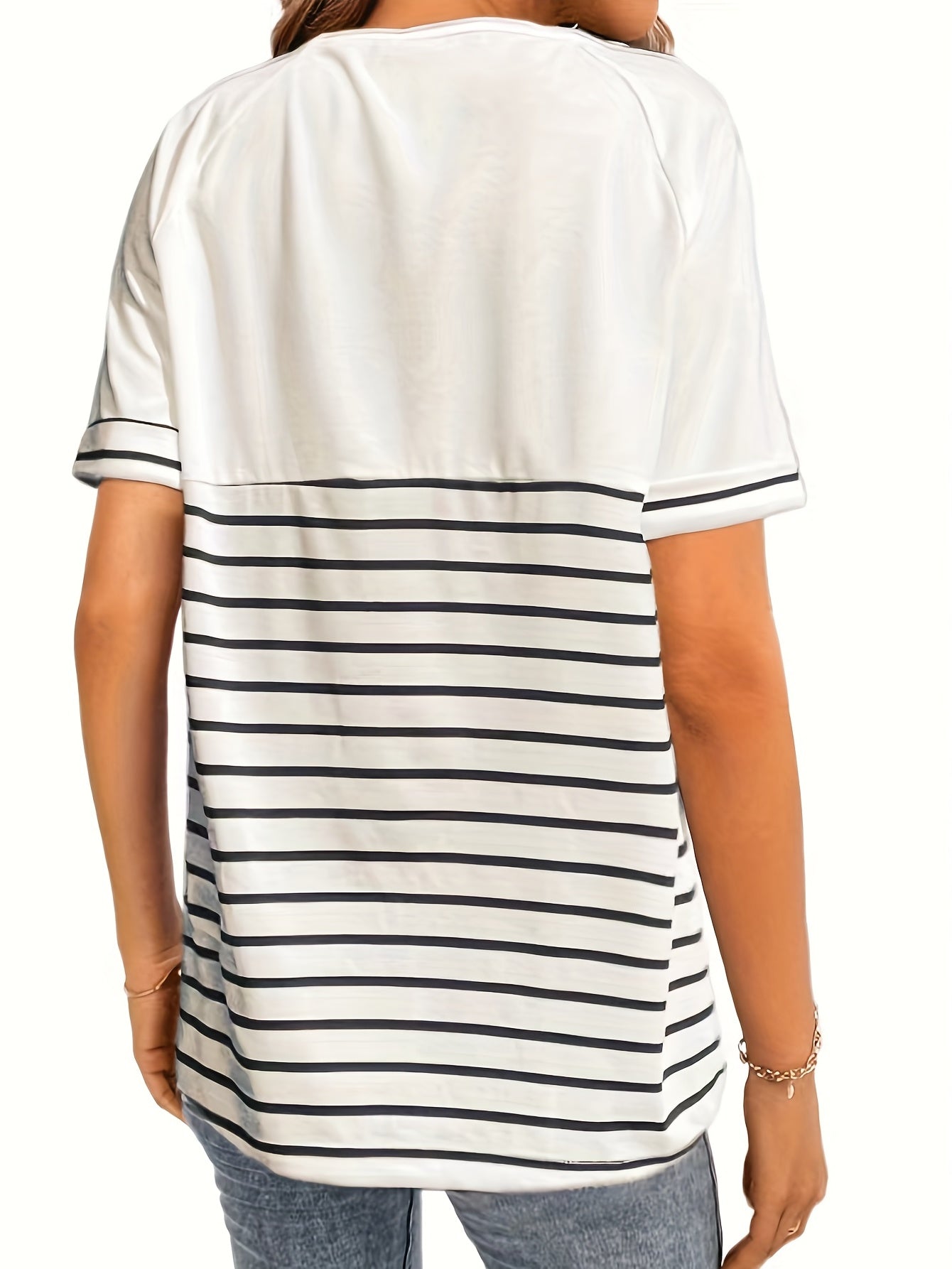 gbolsos  Stripe Print Button Decor T-shirt, Casual Crew Neck Short Sleeve T-shirt For Spring & Summer, Women's Clothing