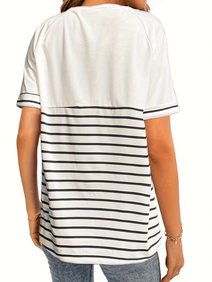 gbolsos  Stripe Print Button Decor T-shirt, Casual Crew Neck Short Sleeve T-shirt For Spring & Summer, Women's Clothing