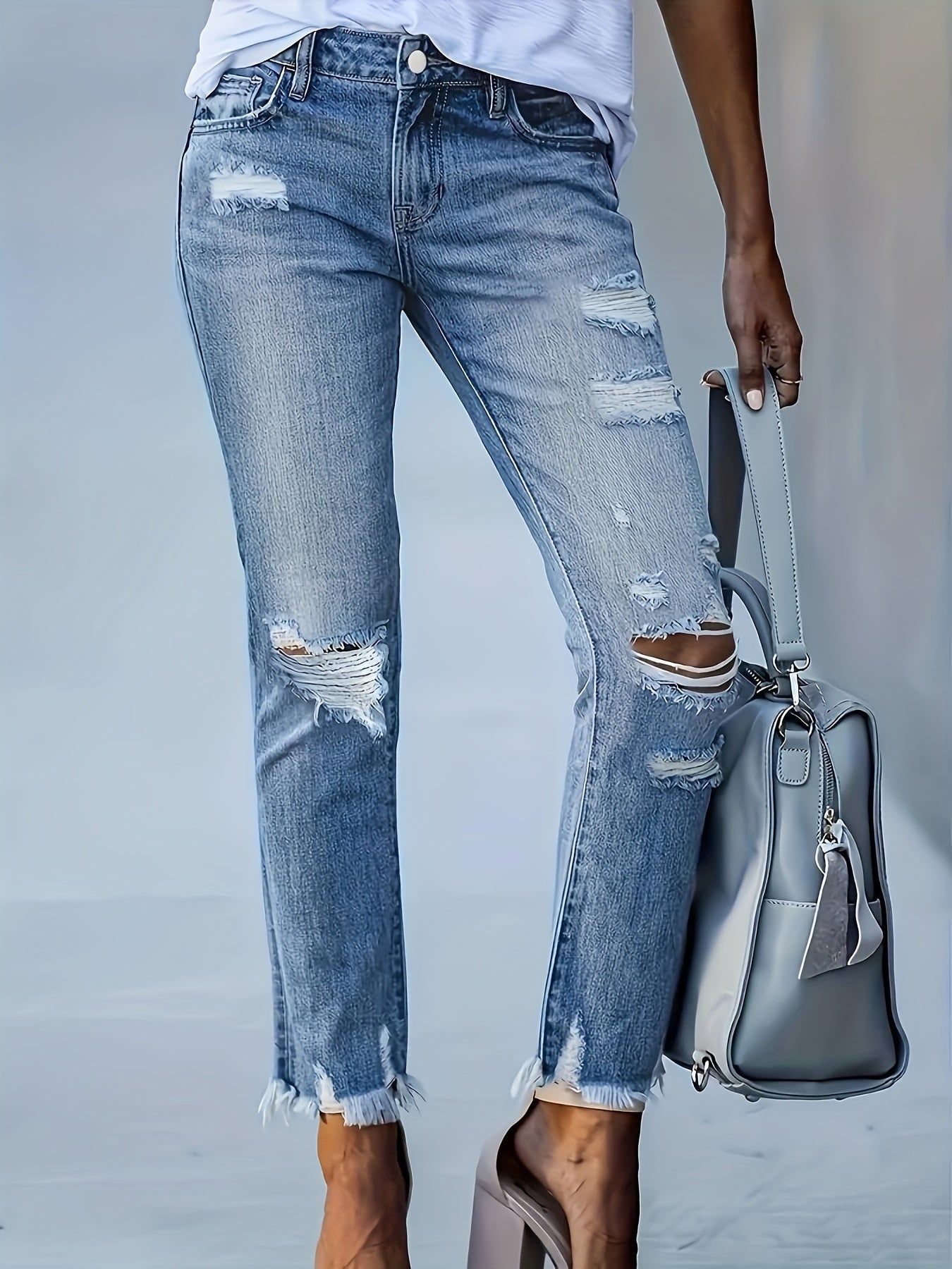 gbolsos  Ripped Holes Casual Straight Jeans, Raw Hem Slant Pockets Washed Denim Pants, Women's Denim Jeans & Clothing