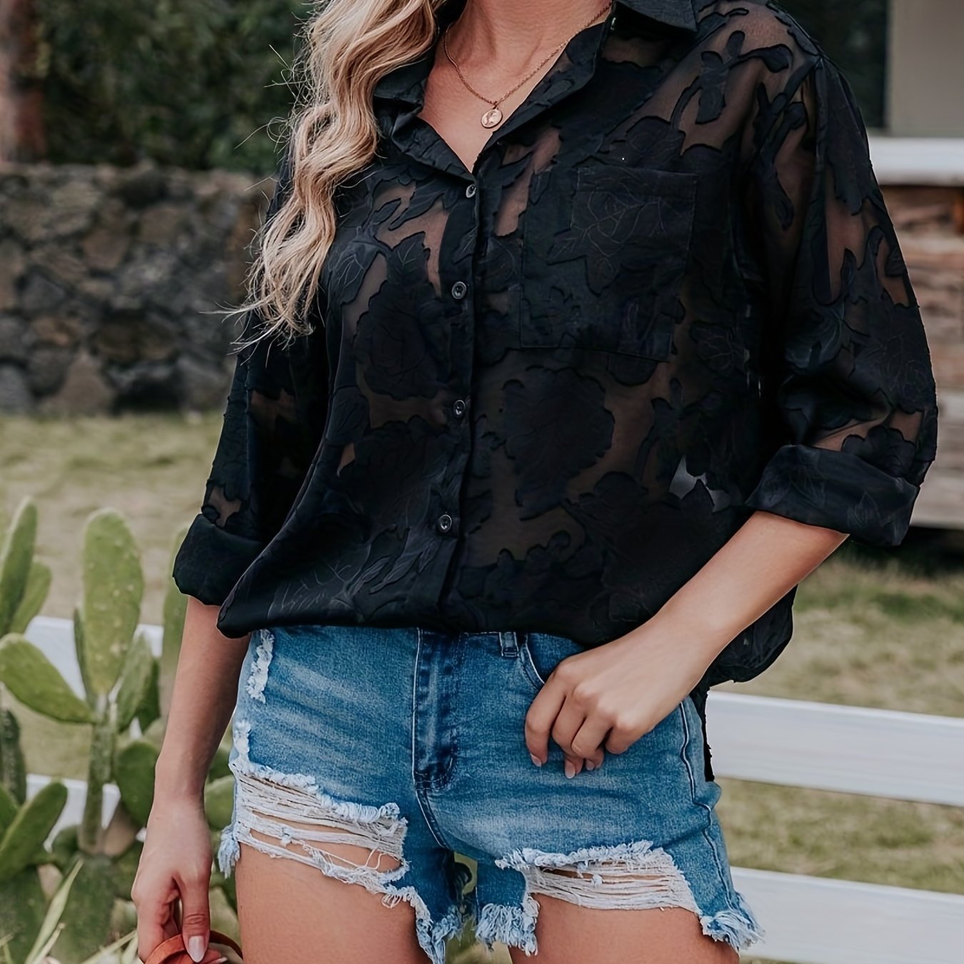 Chiffon Jacquard V-neck Lapel Blouses, Casual Loose Button Down Long Sleeve Fashion Shirts Tops, Women's Clothing