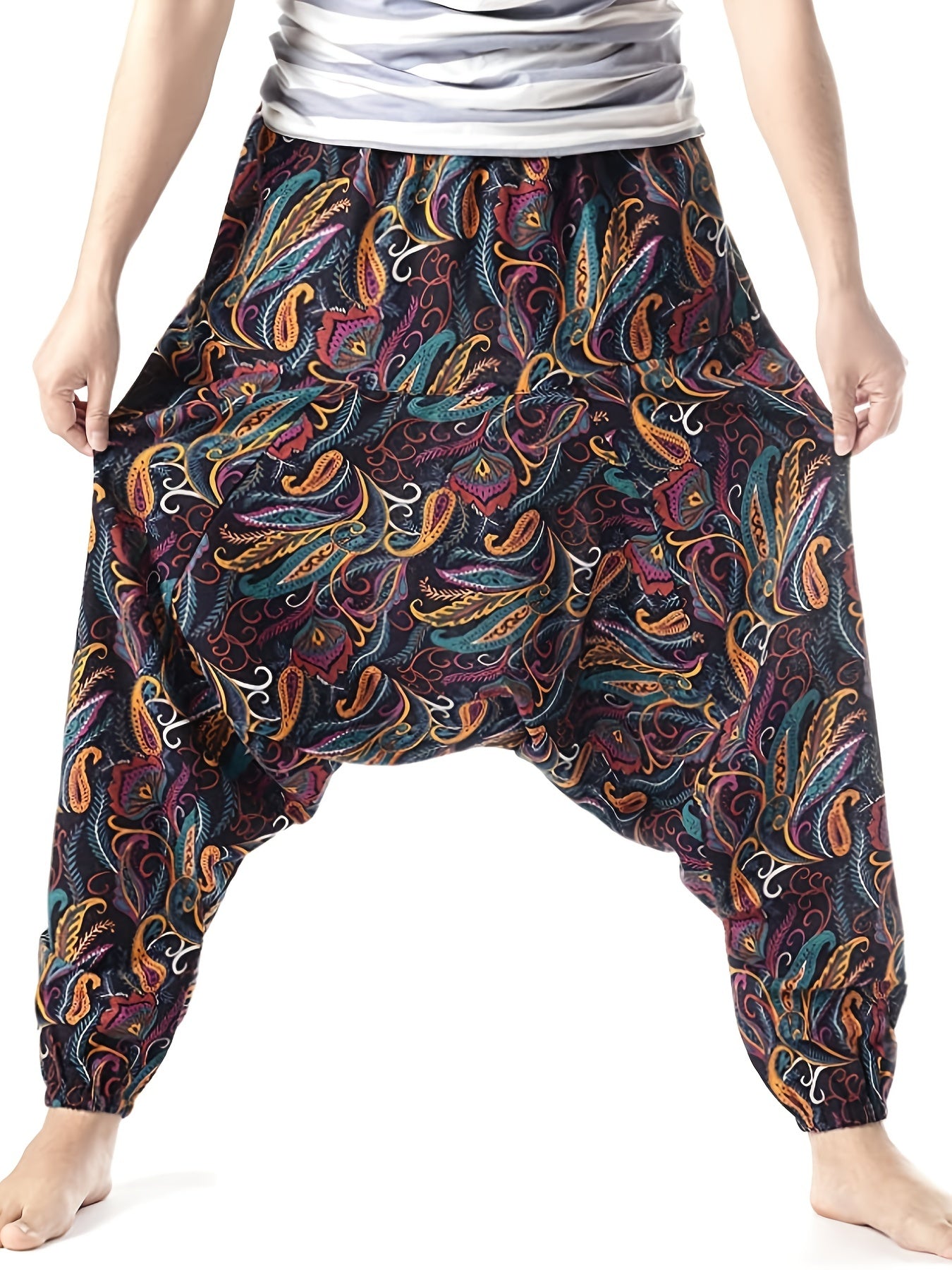 gbolsos Ethnic Pattern Vintage Cotton Harem Pants, Men's Casual Drop Crotch Jogging Harem Pants For Spring Summer