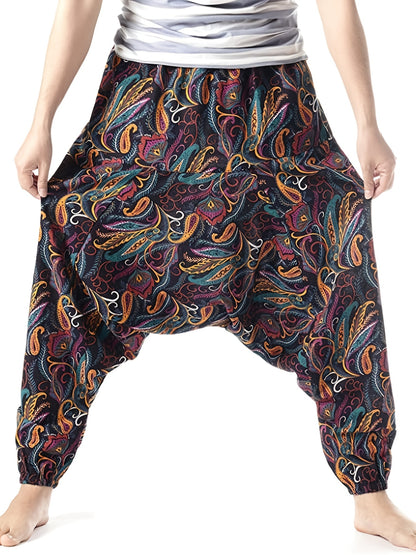 gbolsos Ethnic Pattern Vintage Cotton Harem Pants, Men's Casual Drop Crotch Jogging Harem Pants For Spring Summer