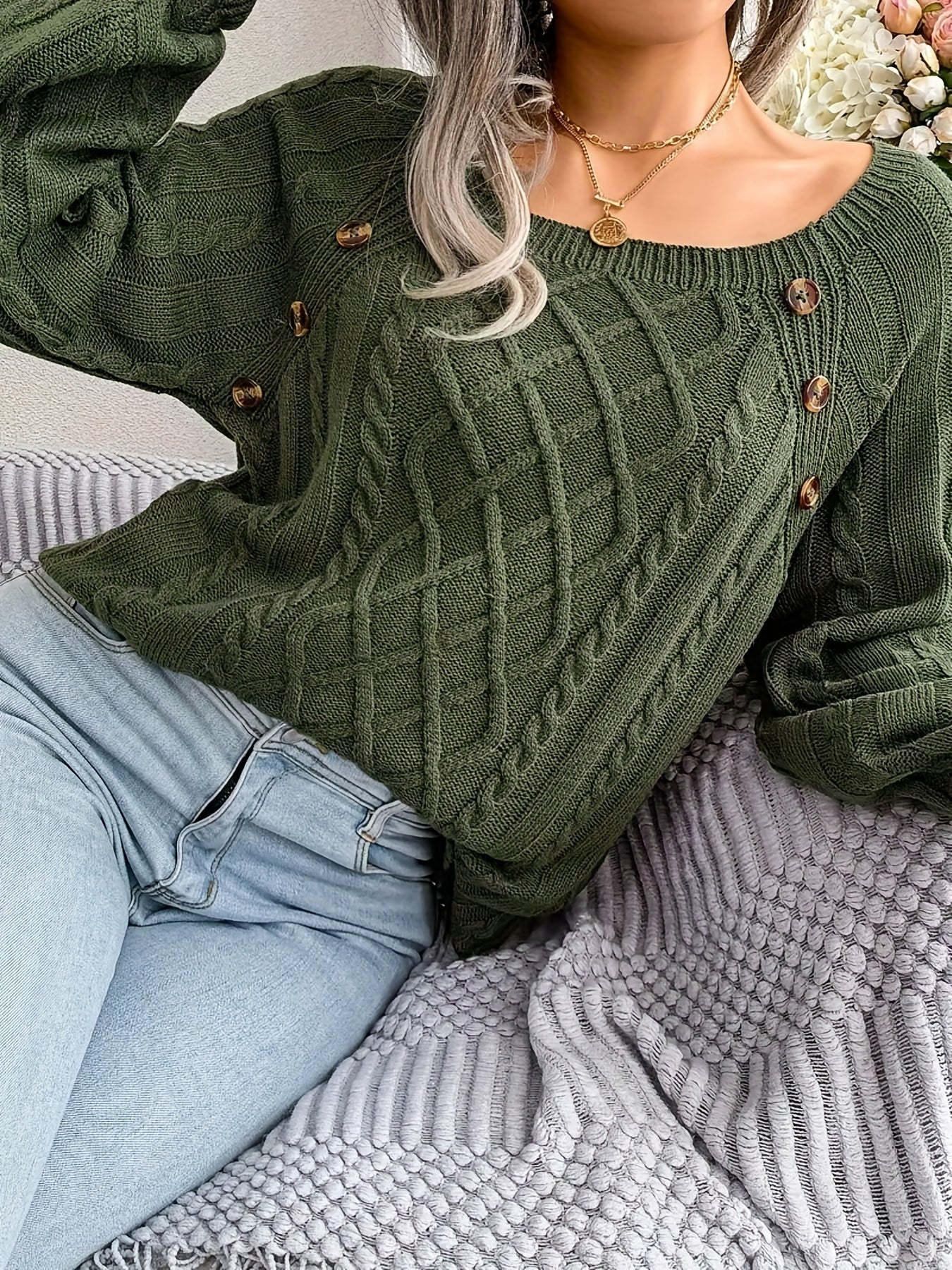 2025 gbolsos  Cable Knitted Button Sweater, Casual Long Sleeve Sweater For Fall & Winter, Women's Clothing