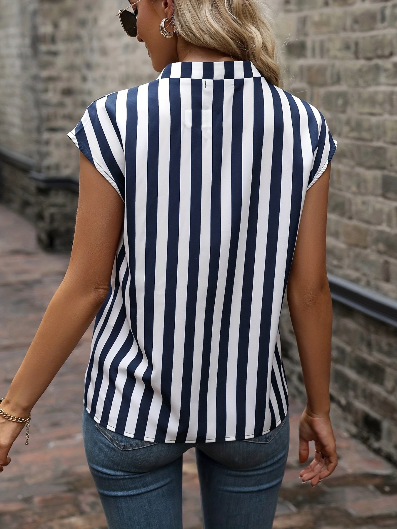 Striped Notched Neck Blouse, Casual Short Sleeve Blouse For Spring & Summer, Women's Clothing
