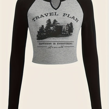 gbolsos  Graphic & Letter Print Notched Neck T-shirt, Y2K Long Sleeve Raglan Shoulder Top, Women's Clothing