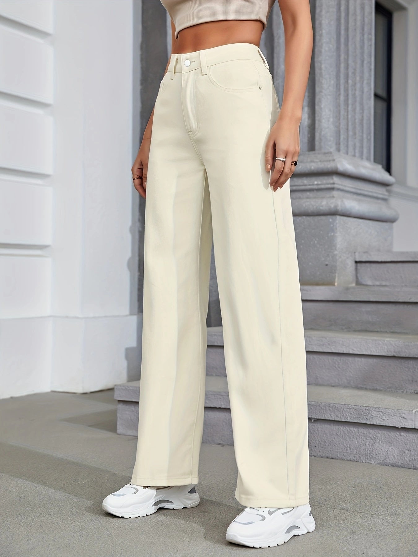 2025 gbolsos  White Wide Leg Straight Jeans, Slash Pockets High Waist Loose Fit High Rise Preppy Denim Pants, Women's Denim Jeans & Clothing