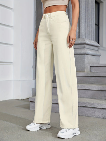 2025 gbolsos  White Wide Leg Straight Jeans, Slash Pockets High Waist Loose Fit High Rise Preppy Denim Pants, Women's Denim Jeans & Clothing