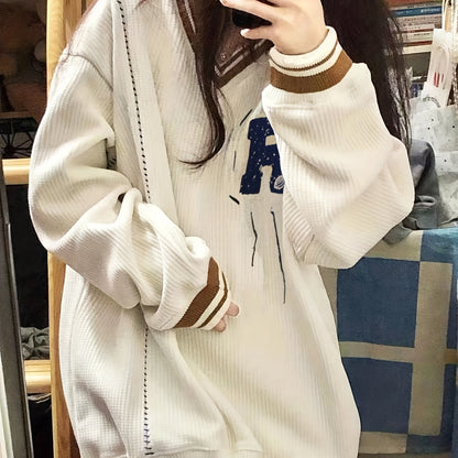 R Pattern V Neck Pullover Sweater, Preppy Long Sleeve Loose Sweater For Fall & Winter, Women's Clothing
