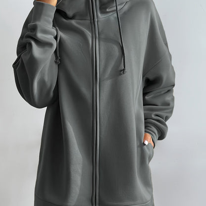 gbolsosSolid Color Casual Sports Hooded Zipper Sweatshirs, Long Sleeve Drawstring Hoodie, Women's Sporty Sweatshirts