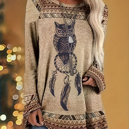 Plus Size Ethnic Style Top, Women's Plus Tribal Feather & Owl & Geometric Print Long Sleeve Round Neck Tunic Top
