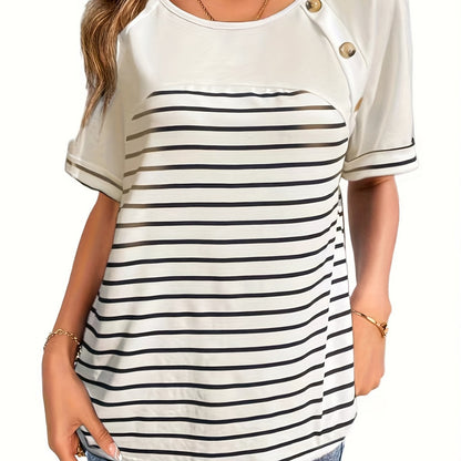 gbolsos  Stripe Print Button Decor T-shirt, Casual Crew Neck Short Sleeve T-shirt For Spring & Summer, Women's Clothing
