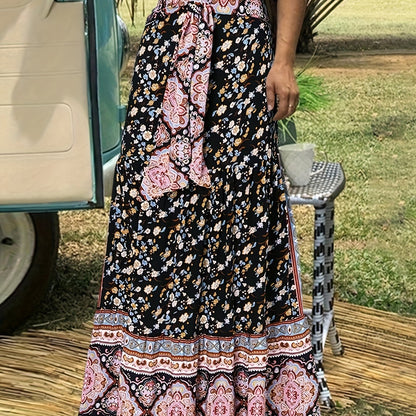 Floral Print Tie Front Skirt, Boho Skirt For Spring & Summer, Women's Clothing